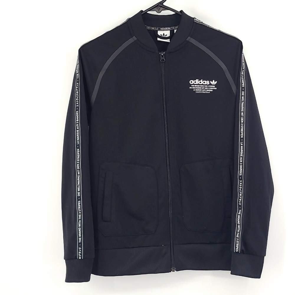 Adidas Large 14 black, white logo striped long sleeve zipup jacket pockets
